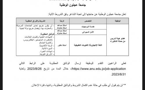 اعلان توظيف جامعة عجلون الوطنية تعلن عن حاجتها لتعيين اعضاء هيئة تدريس